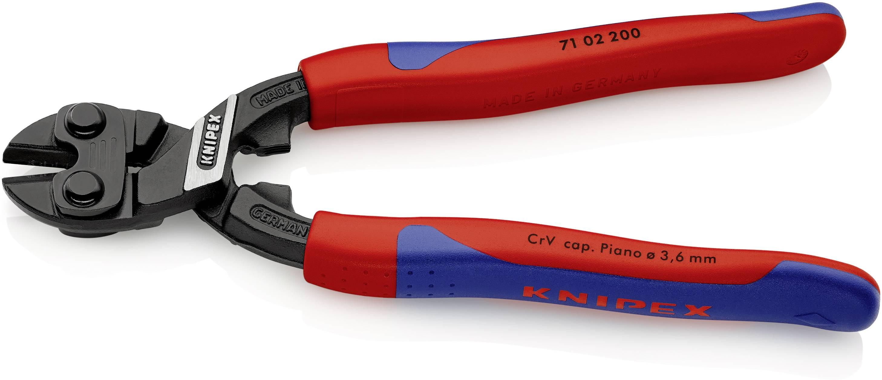 Tang med rødt håndtag og sort skæremekanisme, egnet til at klippe ledninger op til 3,6 mm, mærke Knipex.