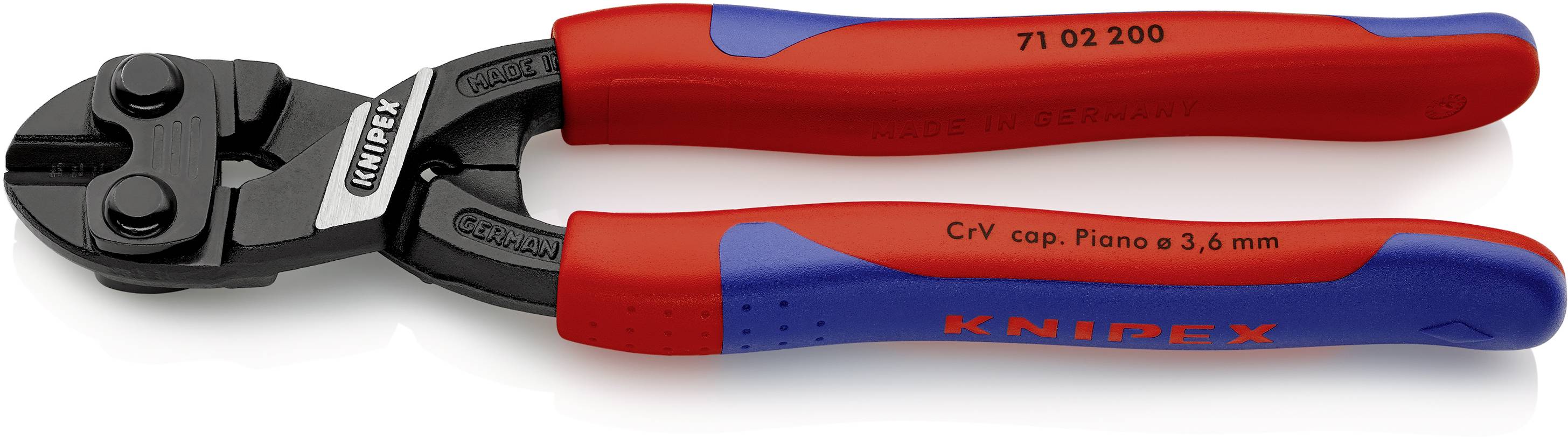 En rød og blå boltsaks fra Knipex, egnet til at klippe pianotråde op til 3,6 mm.