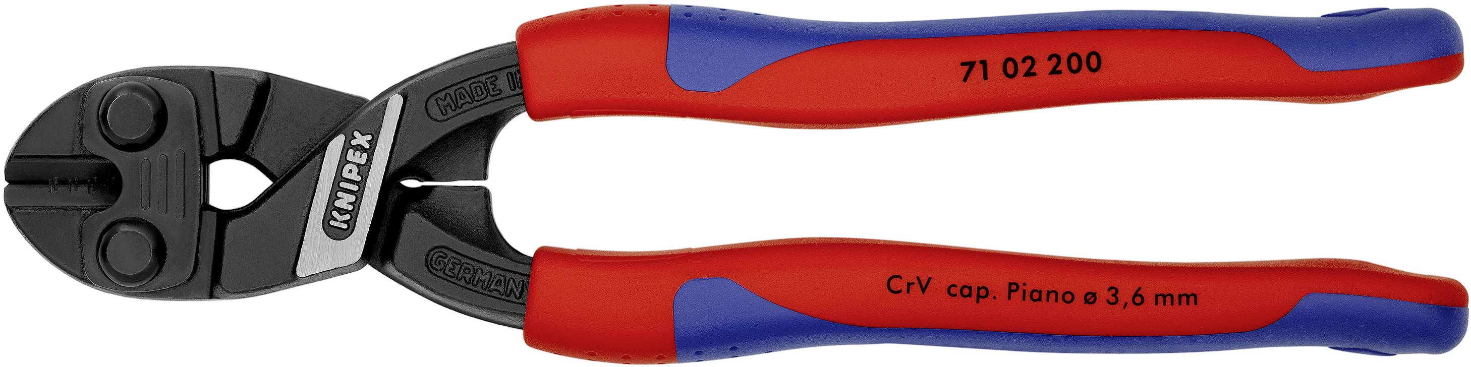 Boltsaks med røde og blå håndtag, egnet til bearbejdning af C-V cap. Piano op til 3,6 mm, med KNIPEX-logo.
