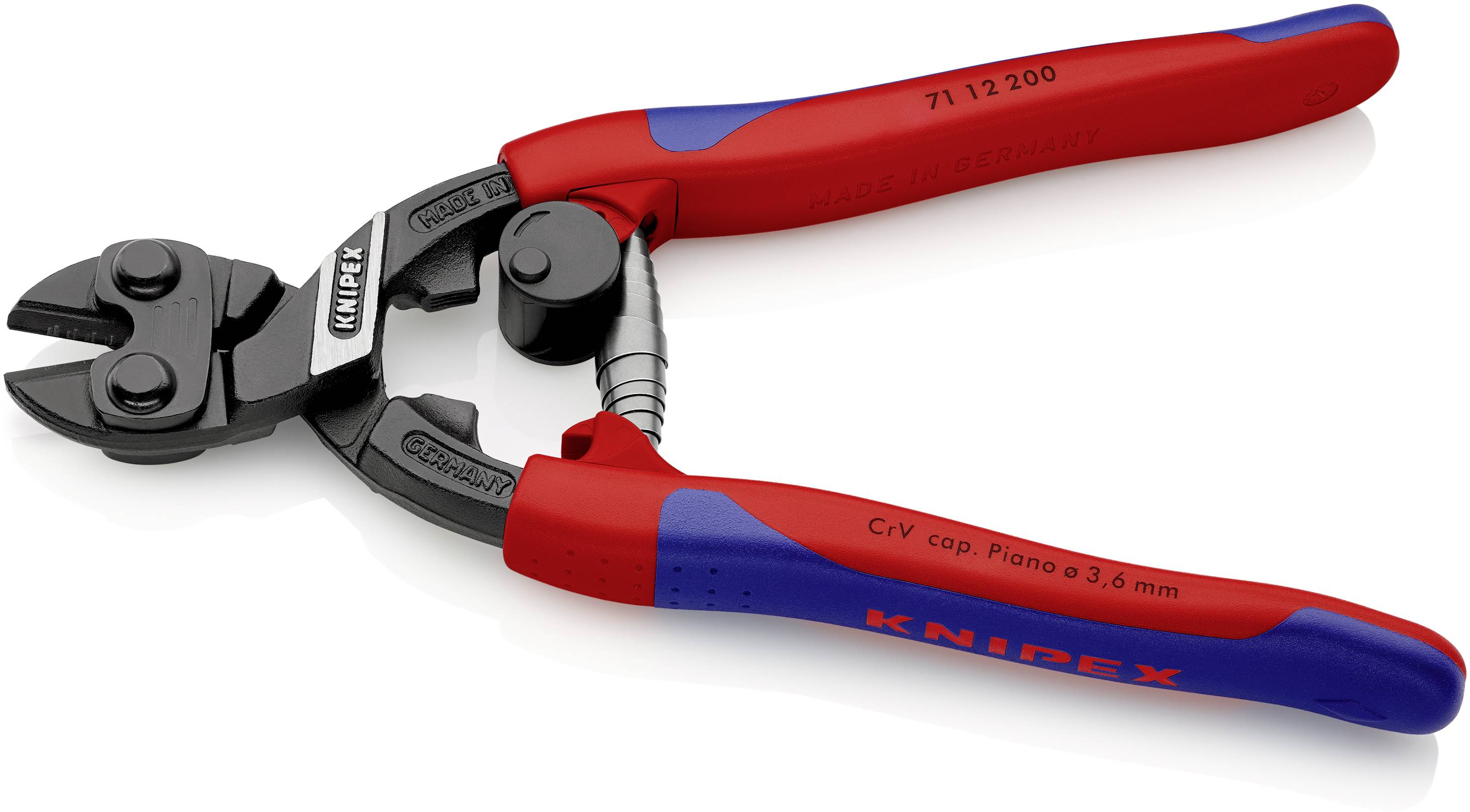 Skæretang i sort og rød, egnet til klipning af klaverstrenge op til 3,6 mm. Mærkenavnet "Knipex" på grebene.