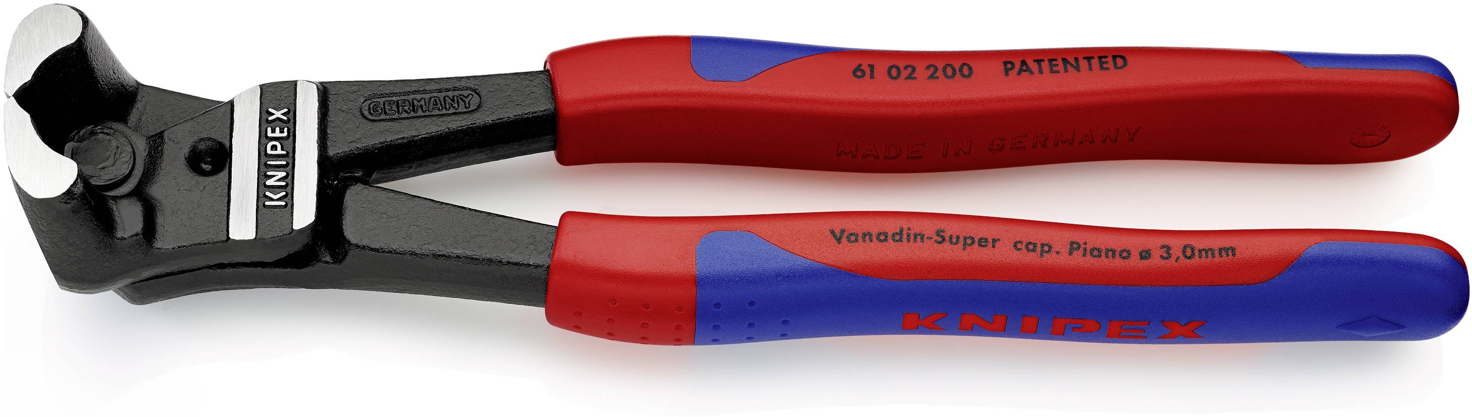 En rød og blå Knipex bolteklipper med sort skærehoved, egnet til klaverstrenge. Modelnummer og tekst synlig.