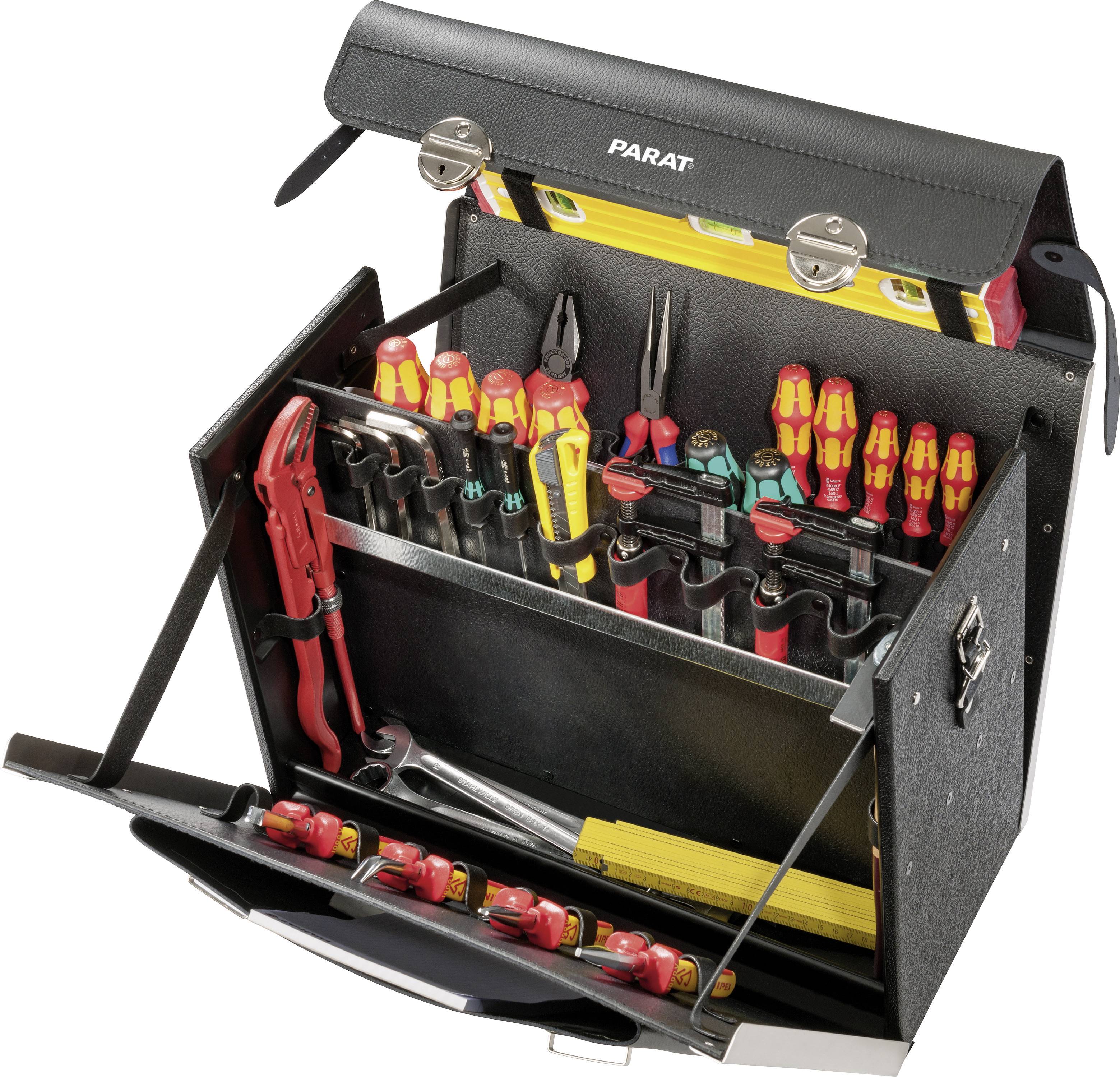Sort værktøjskasse med åbent låg, viser forskellige farverige værktøjer som skruetrækkere, tænger og vaterpas.