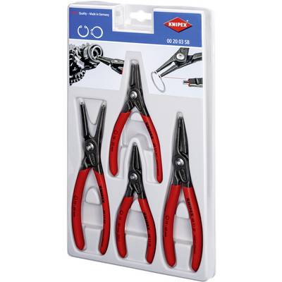 'KNIPEX tangsæt' med fire forskellige tænger i emballage. Rød-sorte greb, påtryk 'Made in Germany'.