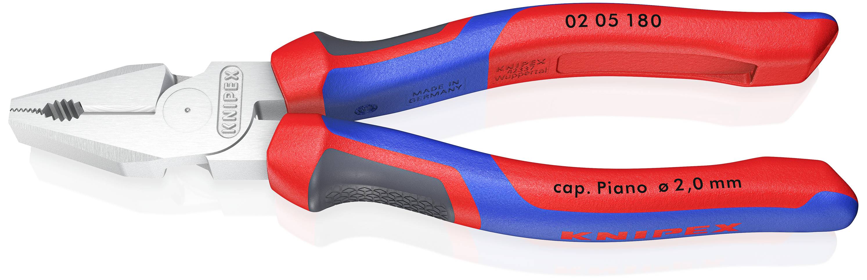 Illustration af en rød og blå sideskærende tang fra mærket Knipex, egnet til at skære ledninger med en diameter på 2,0 mm.