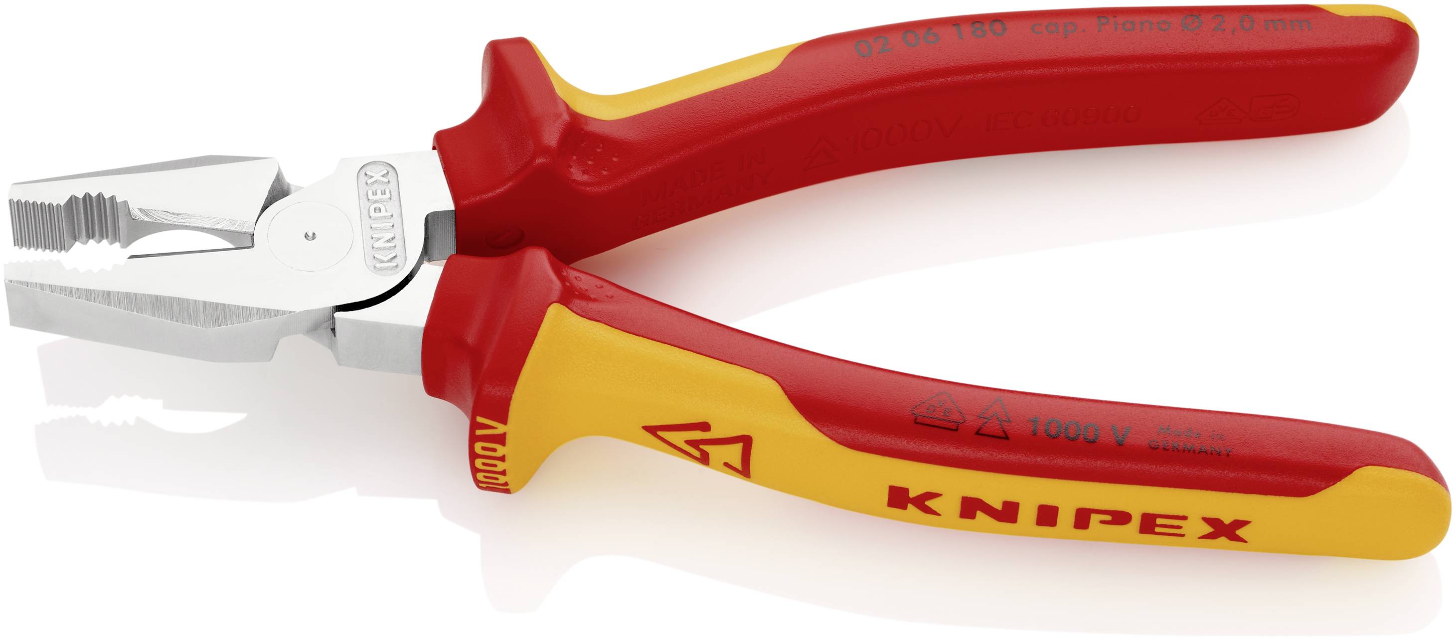 En rød og gul kombinationstang fra Knipex ligger på en hvid baggrund.