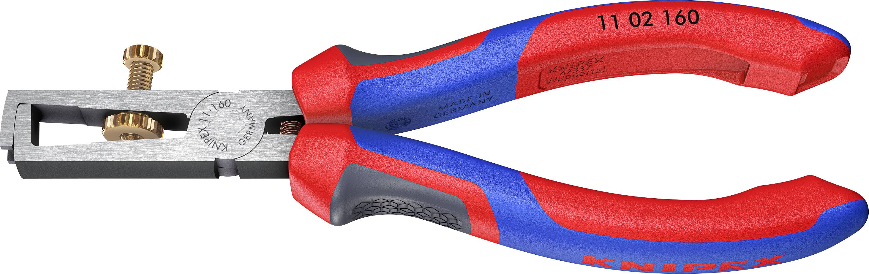 Nærbillede af et rødt og blåt tråladskærings- og skæreværktøj med savtakkede kæber og en justerbar skrue på hvid baggrund.