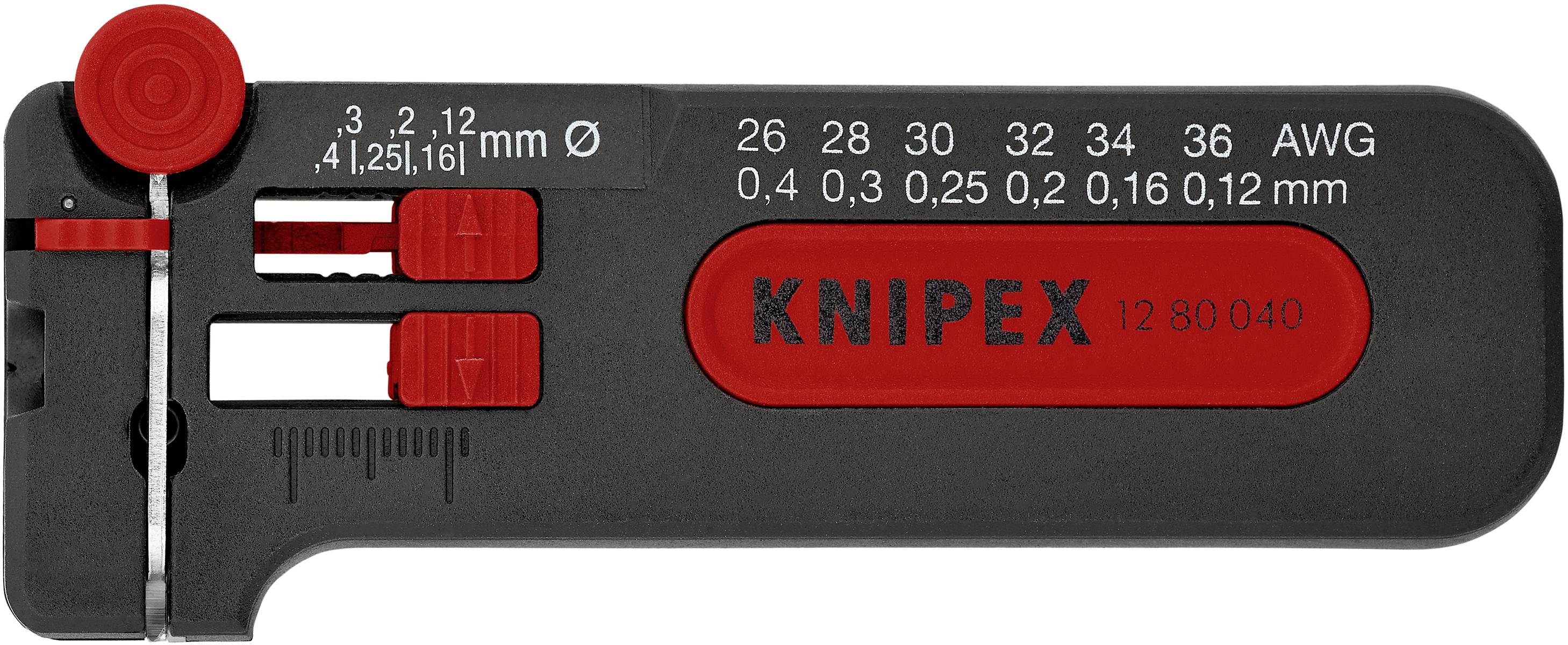 KNIPEX afisoleringsværktøjet viser måleangivelser for tråddiameter i mm og AWG. Egnet til afisolering af forskellige trådstørrelser.