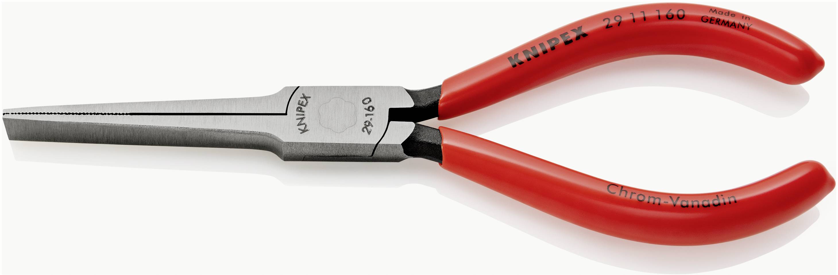 Rød KNIPEX fladtang på hvid baggrund, egnet til præcist at gribe og klippe ledninger og små werkstykker.