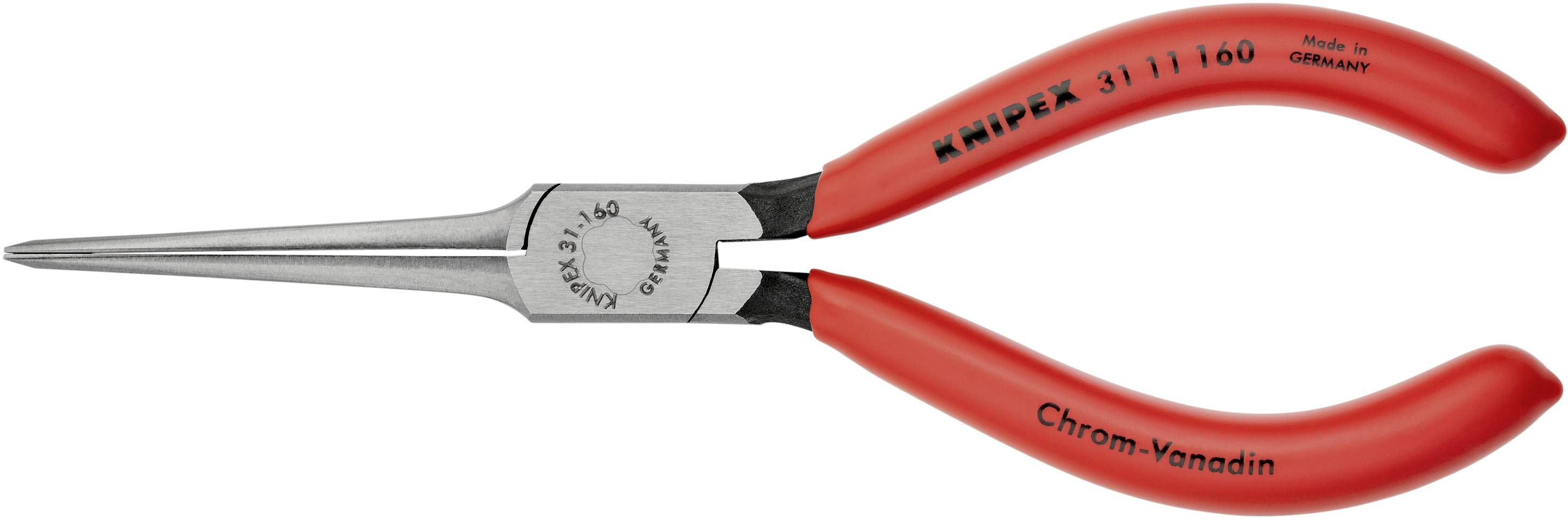 En rød tængetop fra mærket Knipex, fremstillet i Tyskland, af krom-vanadium-stål til præcise greb- og skæreopgaver.