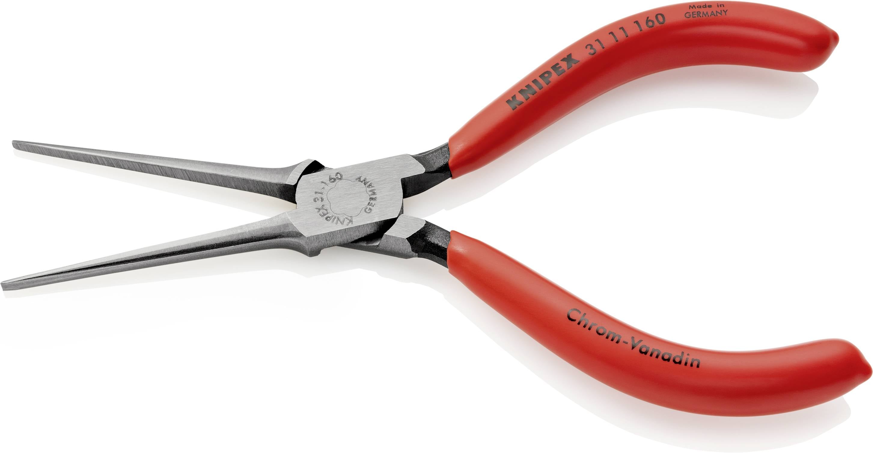 Røde spidstang med "KNIPEX" og "Krom-Vanadin" påskrift på håndtagene, bruges til at gribe og bøje tråde.