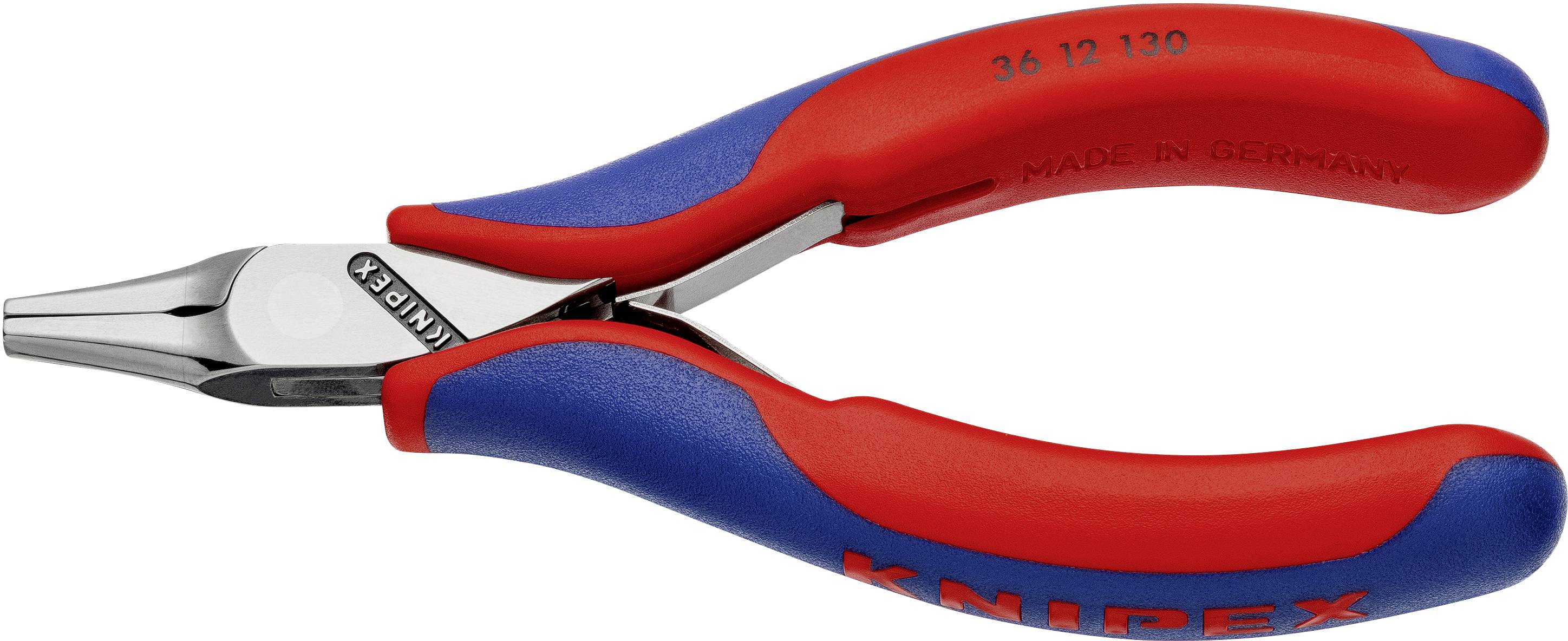 Knipex-tænger med blå og røde greb, lagt på siden. Varemærkenavn og 'Made in Germany' synligt på grebene.