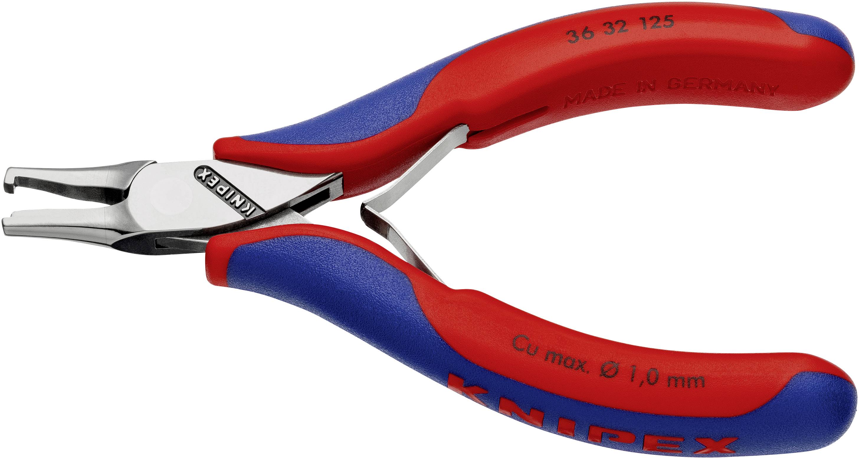En rød og blå tang fra Knipex med grebspolstring. Den er lavet af metal og er forsynet med påskriften 'Made in Germany'.