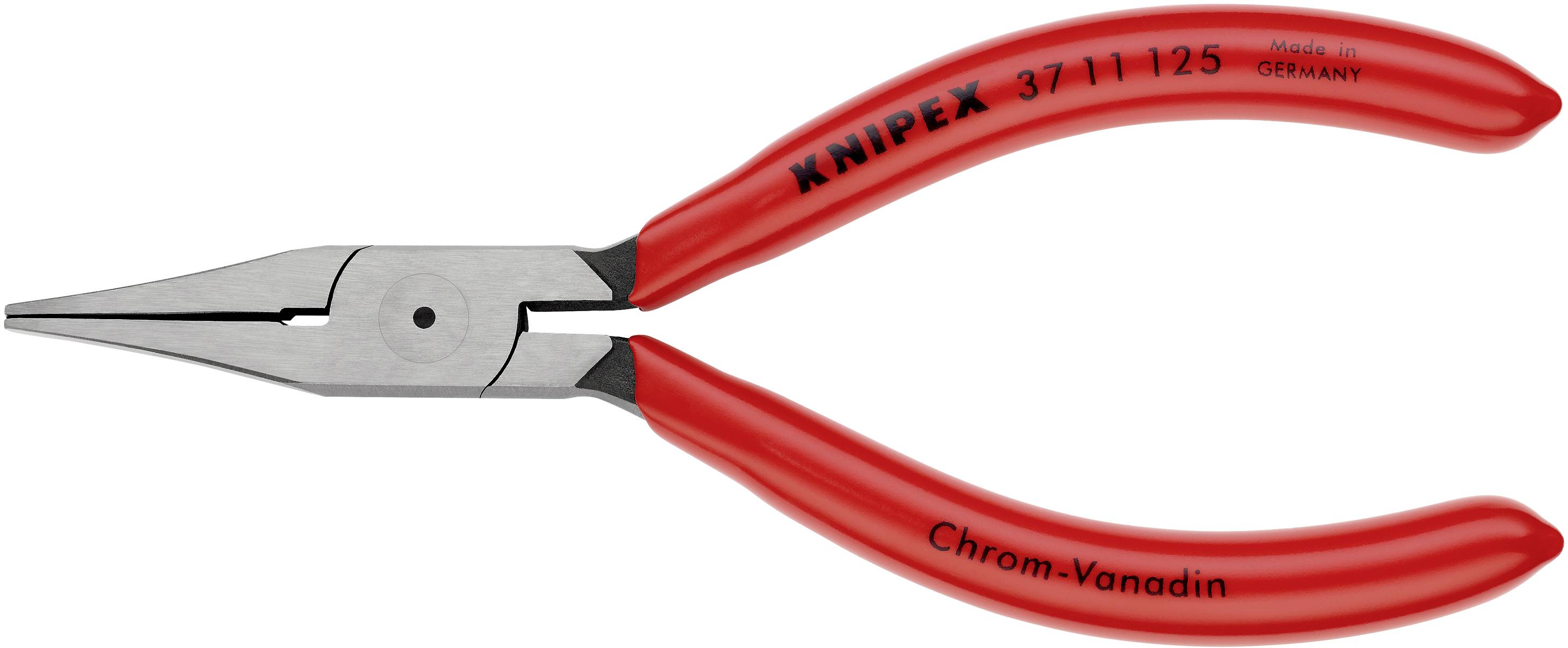 Rød fladtang fra Knipex, fremstillet af krom-vanadium-stål, med spidse kæber. Designet til præcist at gribe og klippe små objekter.