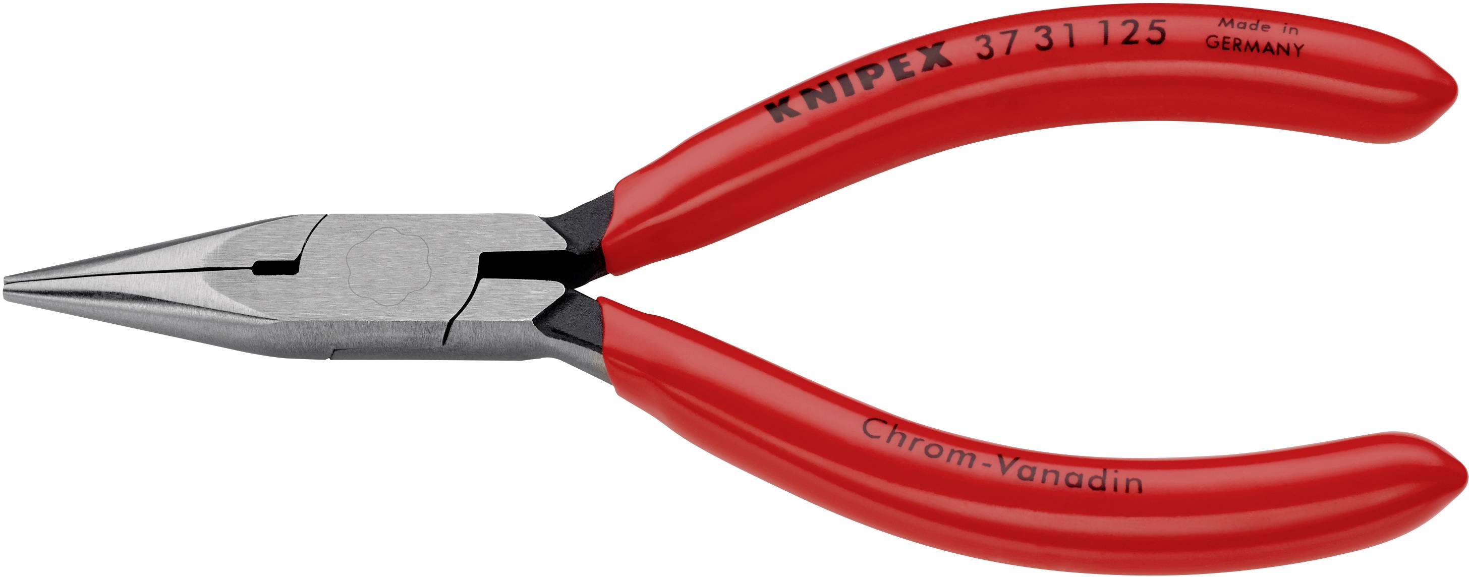 En rød tang med påskriften 'KNIPEX 3711 125' og 'Chrom-Vanadin', egnet til præcisionsopgaver.