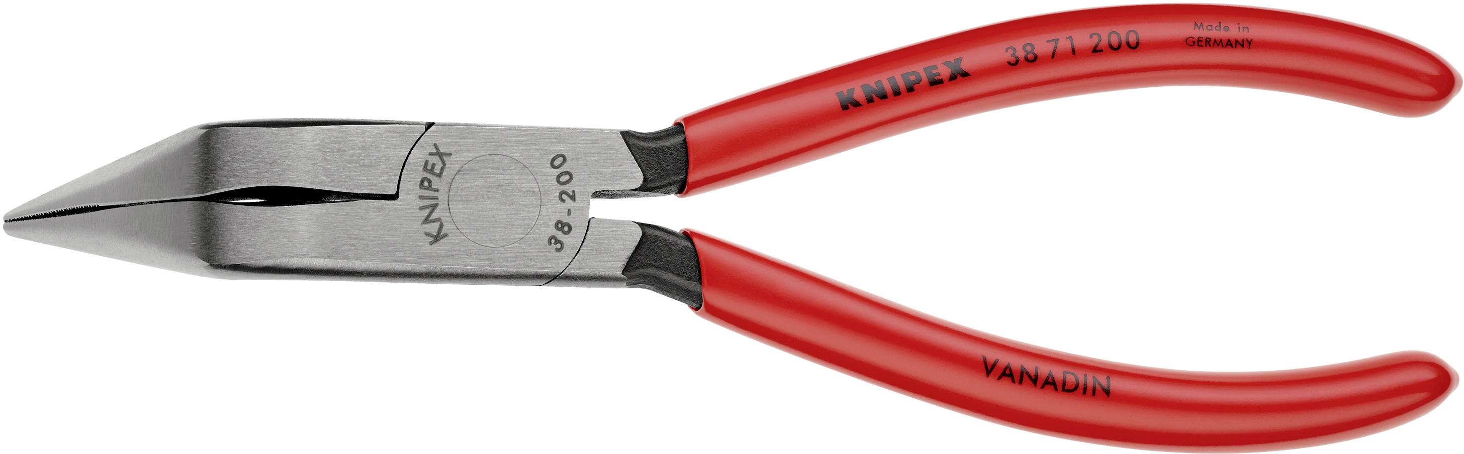 'Klassisk KNIPEX kombinérstang af vanadium, model 38 71 200. Lang, smal hoved med rillede greb, egnet til forskellige klipnings- og holdeOpgaver.'