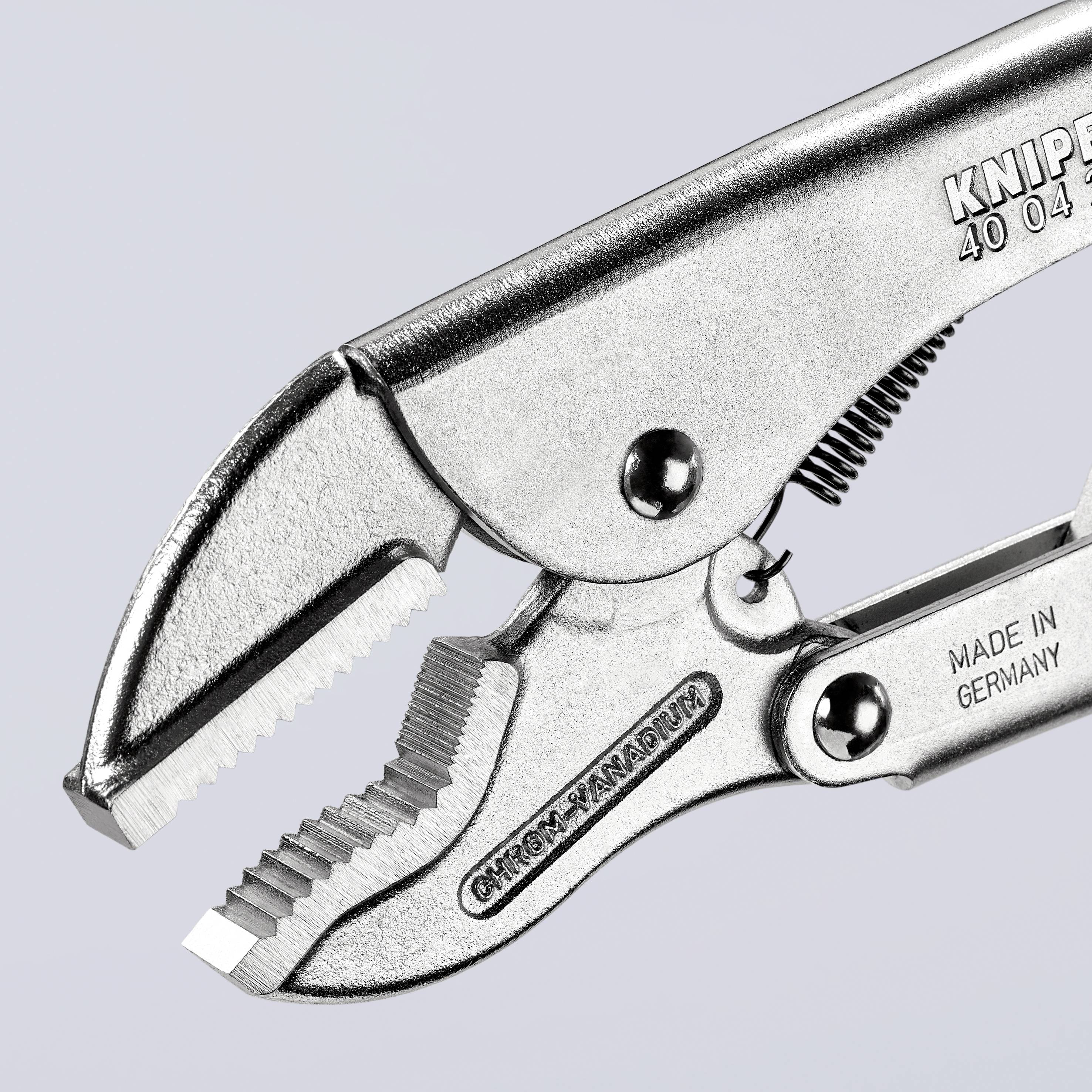 En sølvfarvet rørtang med takket greb og påskriften 'Knipex 40 04'. Tekst på tangen: 'Made in Germany'.