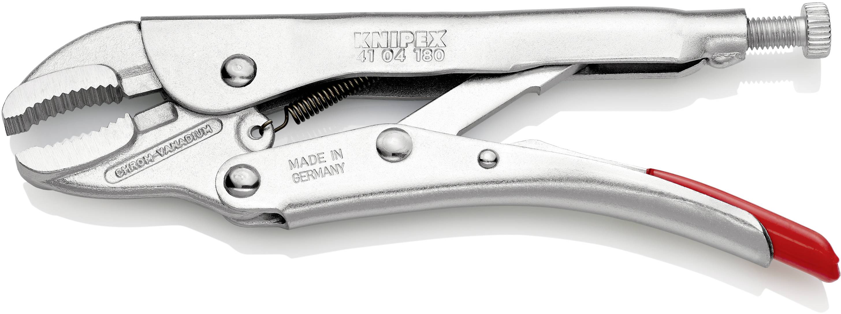 Sølv KNIPEX-låsetang med justeringsskrue og rødt greb, mærket 'Made in Germany', på hvid baggrund.