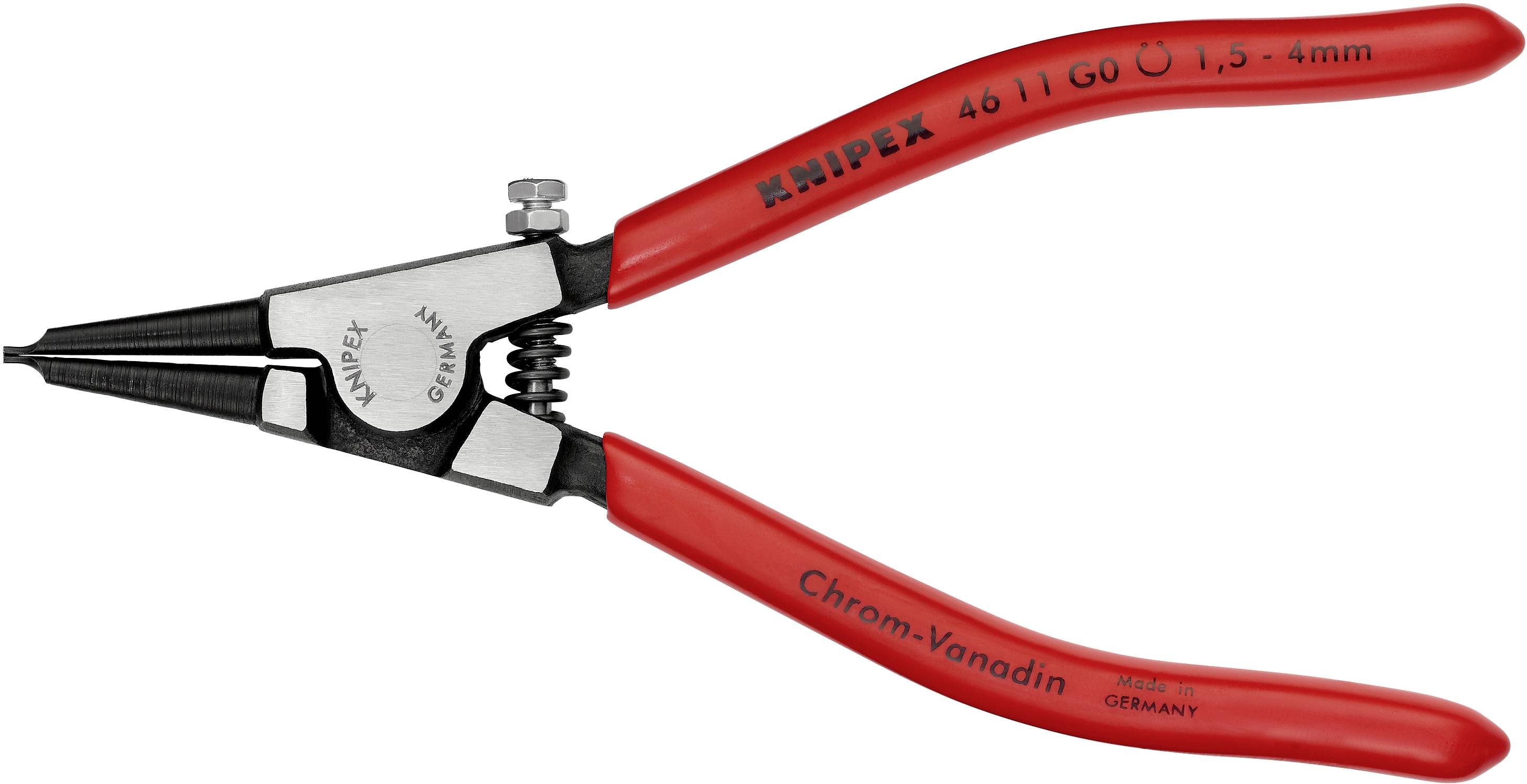 En rød Knipex sikringsringstang til udvendige sikringsringe, egnet til diametre fra 1,5 til 4 mm, med krom-vanadium-legering og skruefjederkonstruktion.