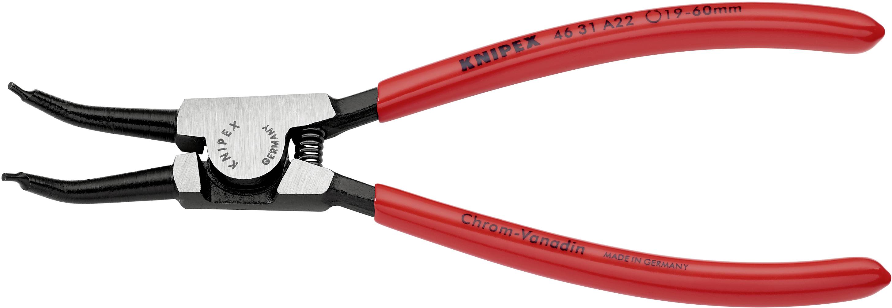 En rød rundtang fra Knipex med buede spidser til bearbejdning af sikringsringe, egnet til diametre mellem 19 og 60 mm.