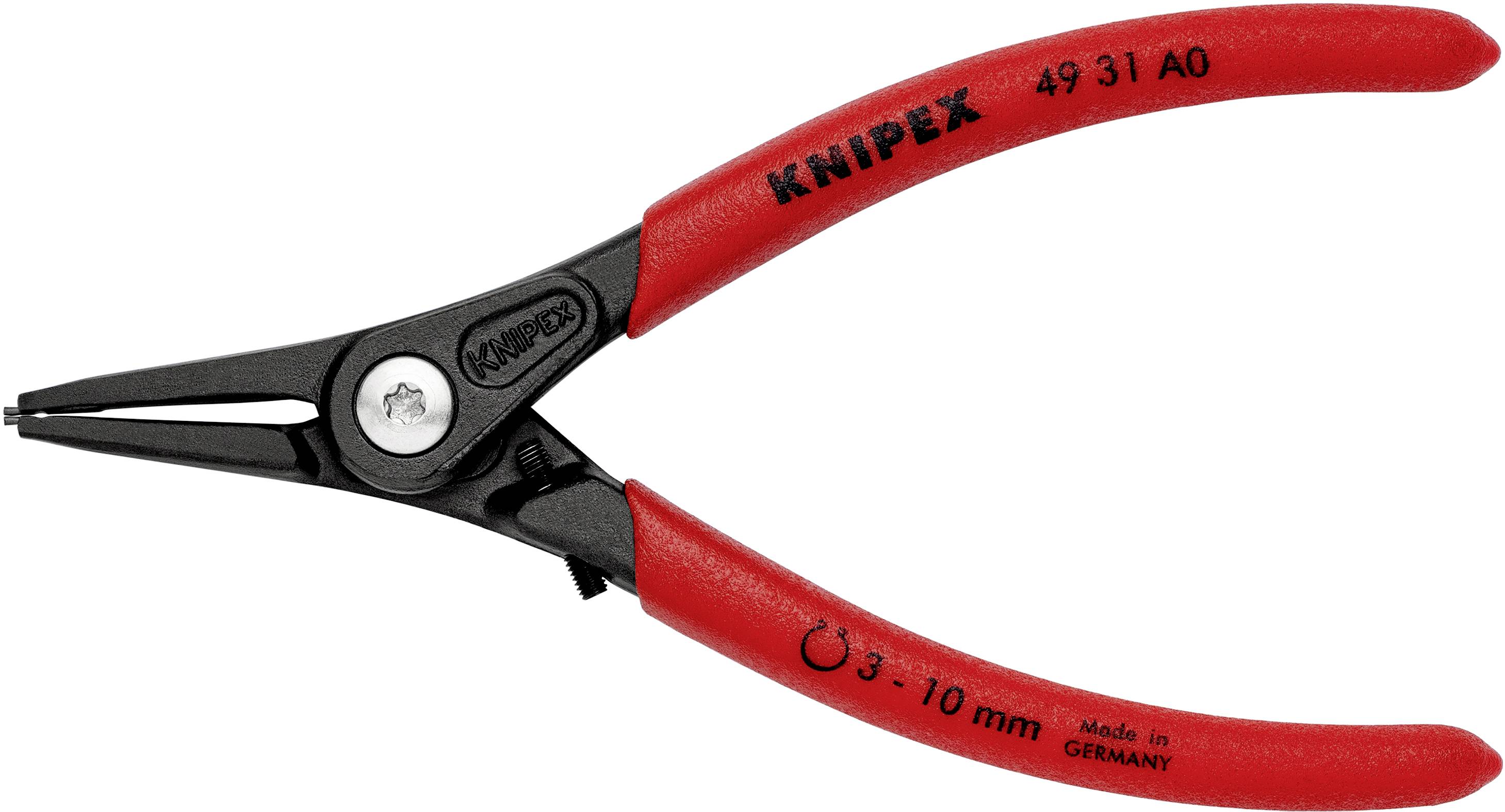 Rød KNIPEX sikringsringtang, egnet til 3-10 mm ringe, sideafrundede håndtag, mærket 'Made in Germany'.