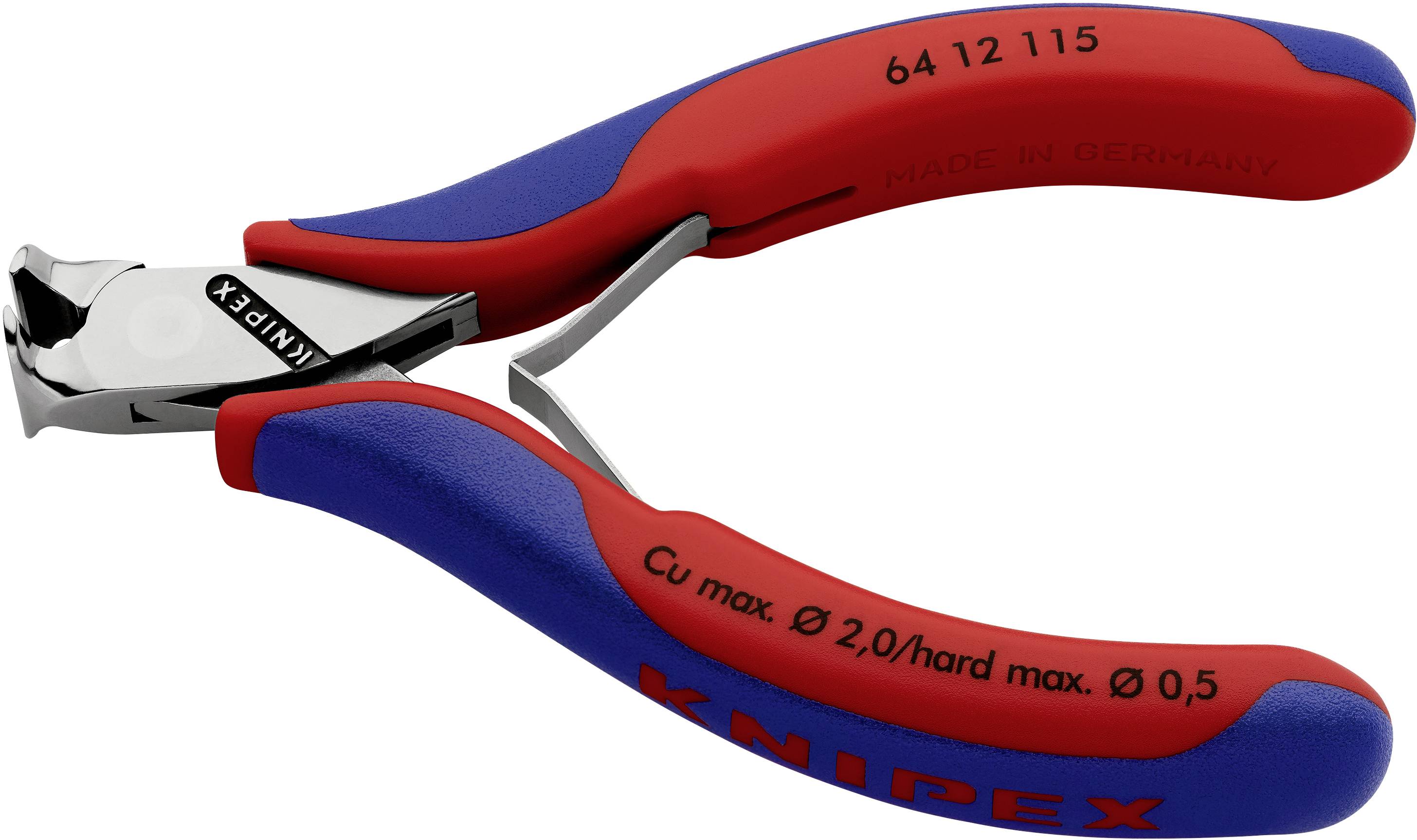 En rød og blå Knipex-tang med påskriften 'Cu maks. Ø 2,0/hård maks. Ø 0,5'. Fremstillet i Tyskland, modelnum­mer 64 12 115.
