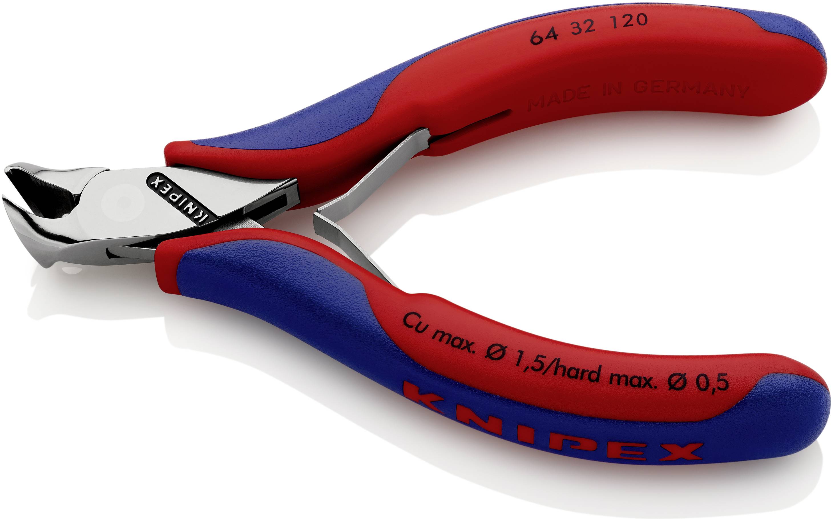 En rød og blå Knipex-tang, egnet til at klippe kobberledninger med en diameter op til 1,5 mm.