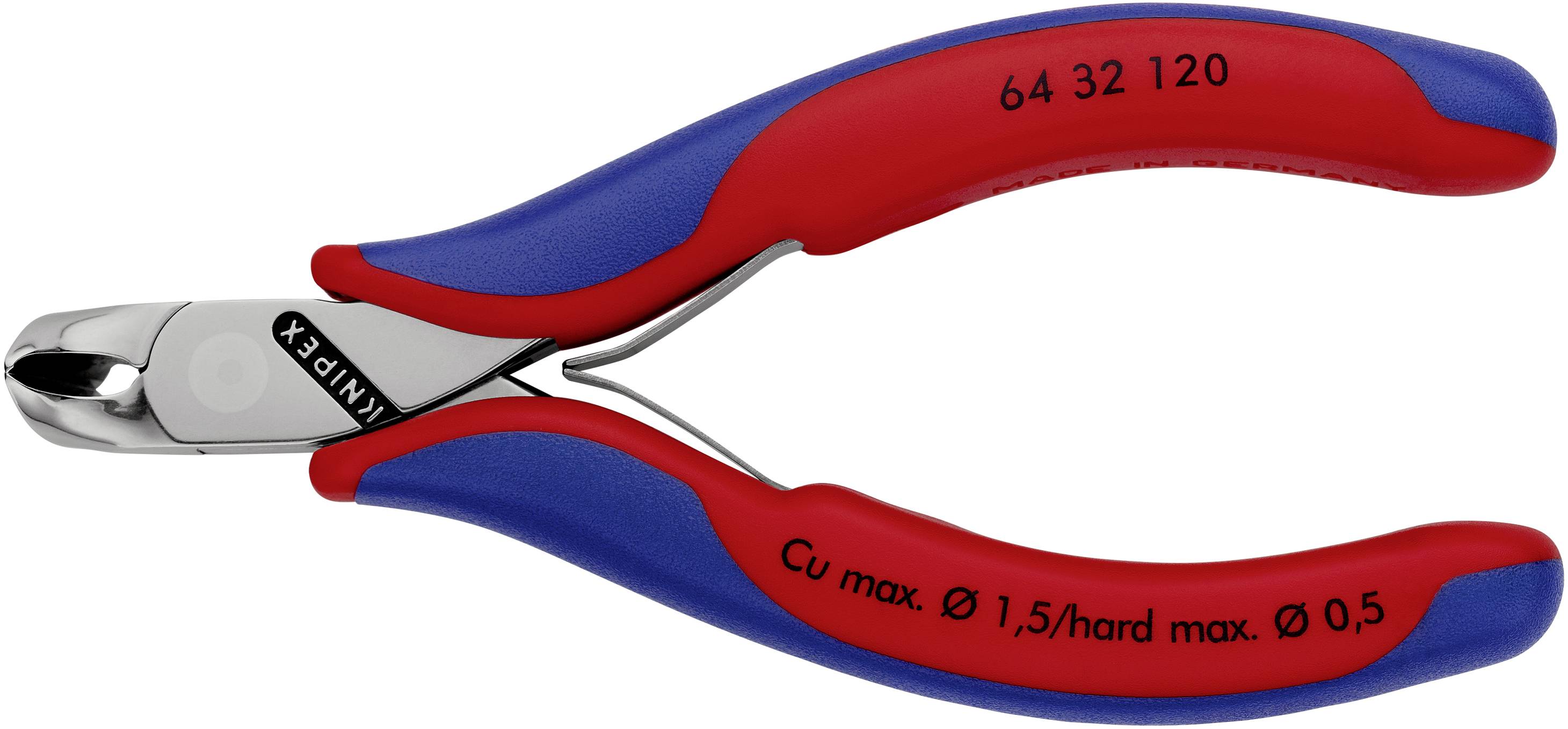 Røde og blå metalkabler, egnede til kobberledninger op til 1,5 mm tykkelse. Påskrift: 'Cu max. Ø 1,5/hard max. Ø 0,5'.