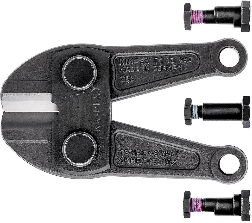 En boltsaks med to skruer, Knipex-logo synligt. Saksen er sort og lavet af metal, 'Made in Germany' er indgraveret.
