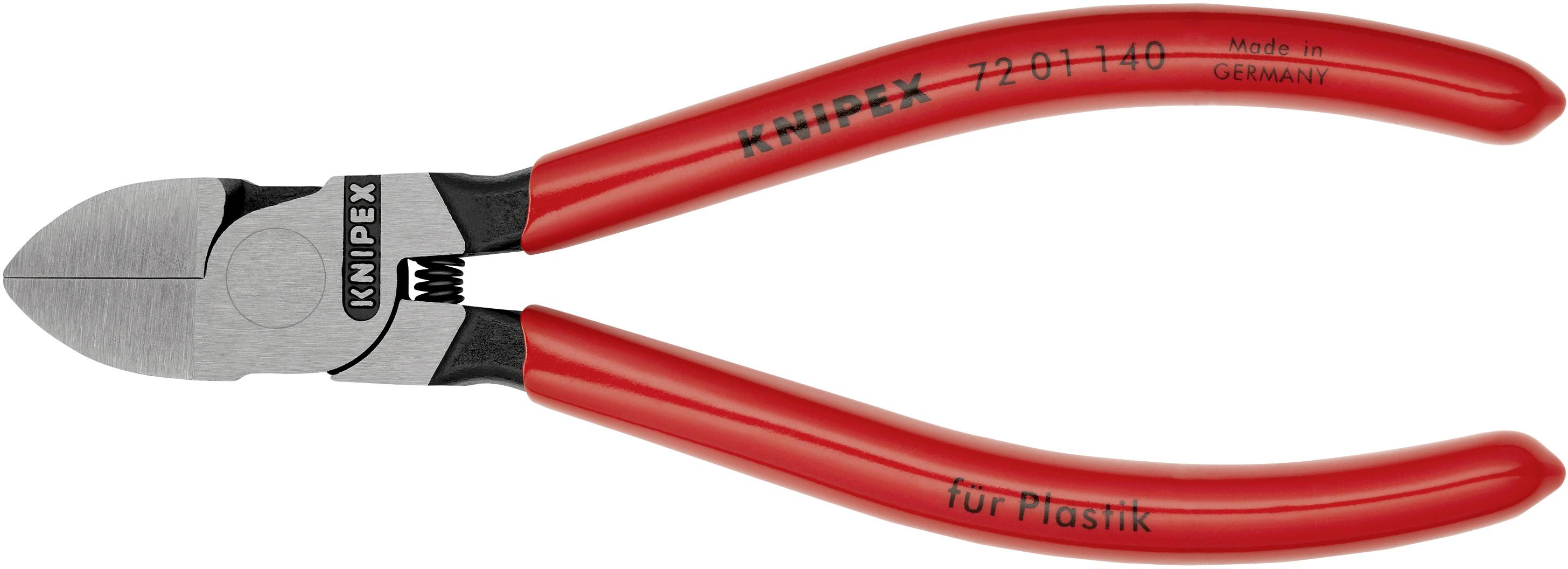 Sideskærer fra Knipex med røde greb, mærket med 'Made in Germany' og 'til plast'.