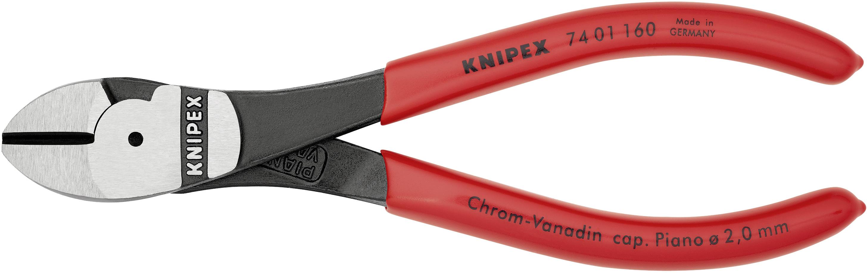Tang med røde håndtag og sort hovedelement, med 'KNIPEX' og modelsnummer trykt på. Egnet til at klippe ledninger op til 2,0 mm.