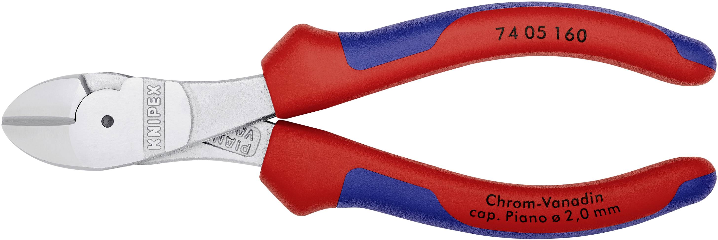 Røde og blå Knipex-sideskærere med påtryk 'Chrom-Vanadin, cap. Piano 2,0 mm' og nummeret '74 05 160'.