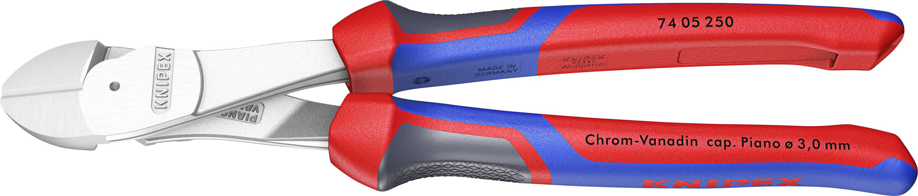Røde og blå håndtag på Knipex skævbidere med polerede chrom-vanadium stål kæber, mærket med modelnummeret '74 05 250'.