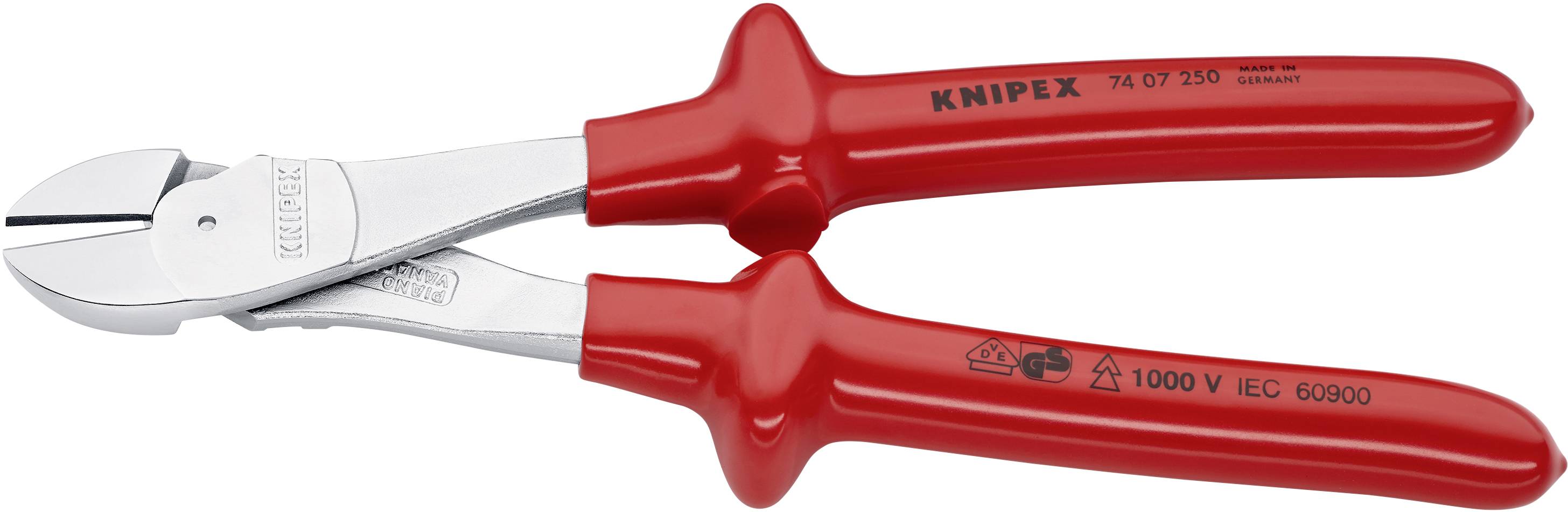 Røde sidebidetænger med isolerede håndtag, egnet til op til 1000 V, mærket 'KNIPEX' og forsynet med elektriske godkendelsesmærker.