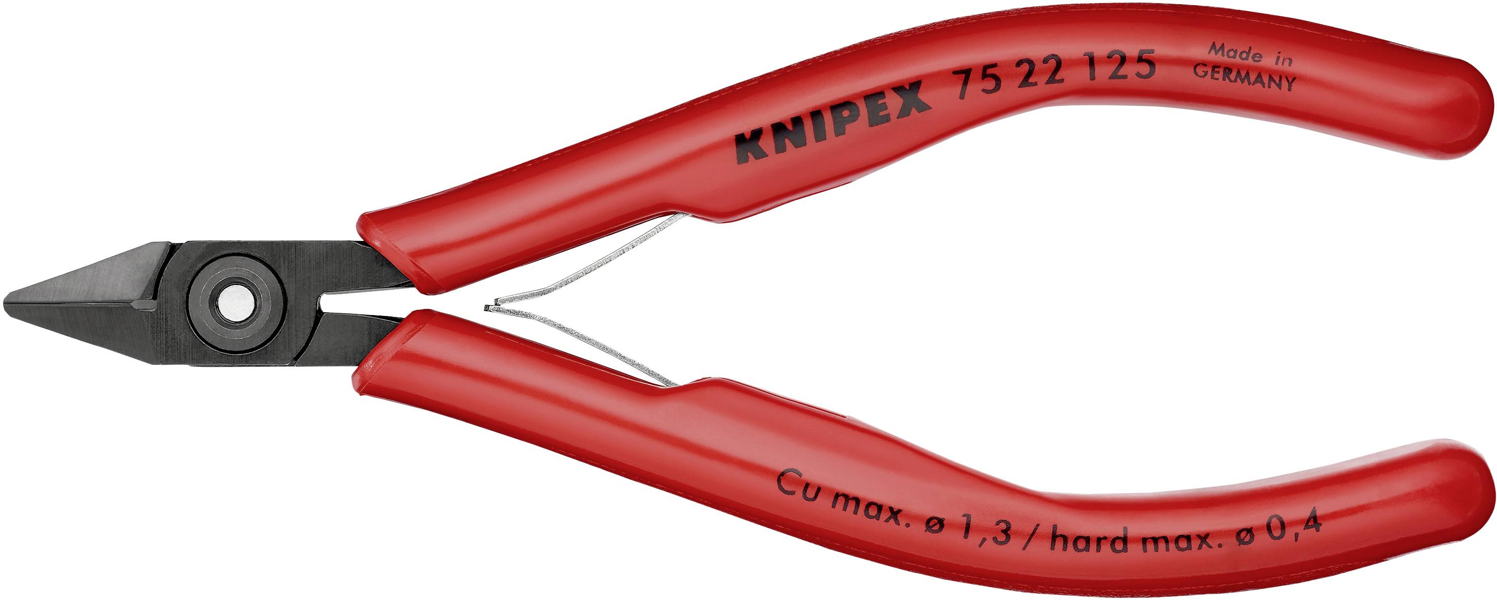 Sidesaks med røde håndtag, egnet til at klippe kobberkabler op til 1,3 mm og hårde kabler op til 0,4 mm, mærke Knipex.
