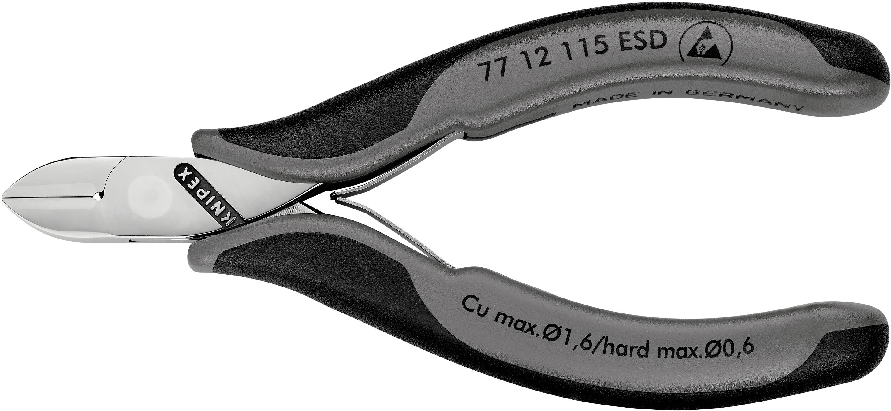 Billedet viser en sort ESD-sidelære fra Knipex. Den er egnet til Cu-tråd med maks. diameter på 1,6 mm.