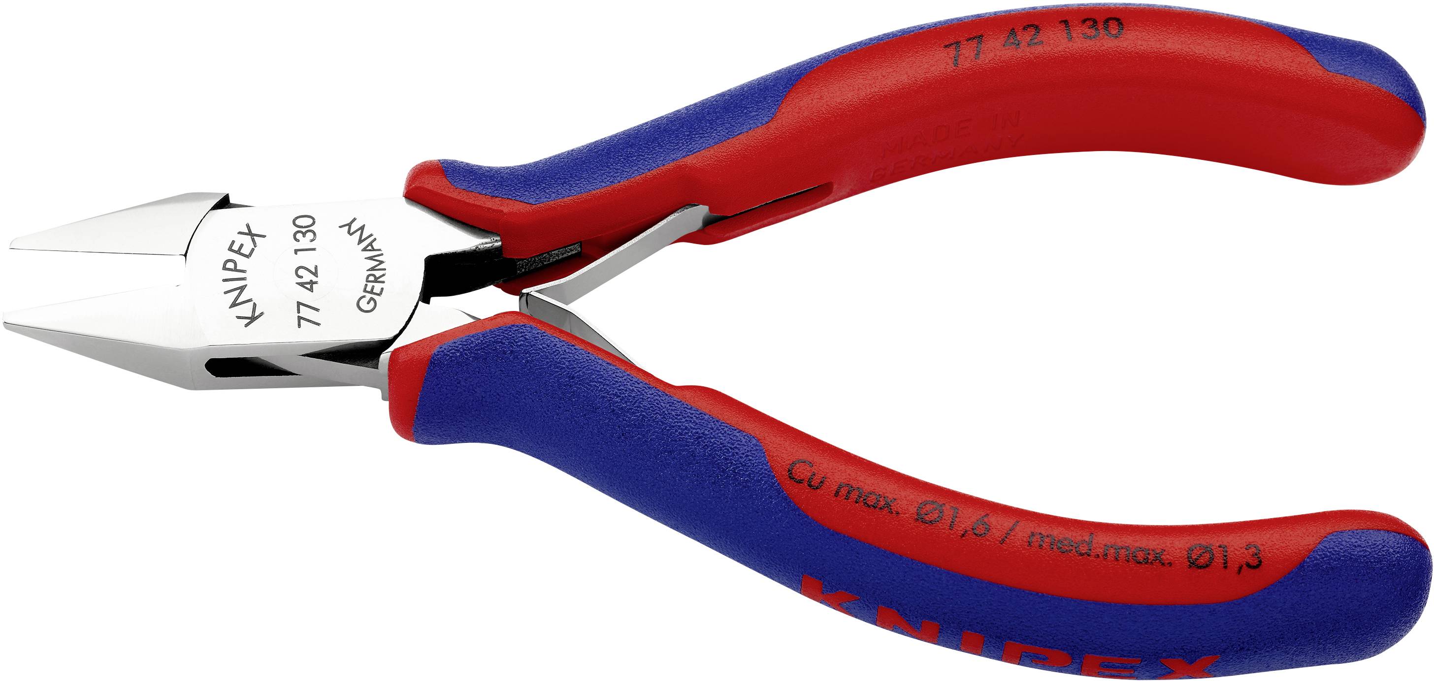 Sideavbideren med røde og blå håndtag, metalhoved og påskriften 'Knipex'.