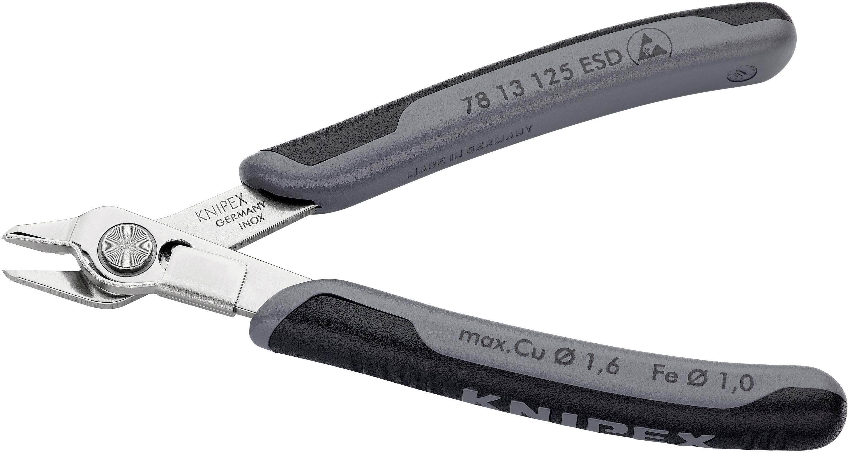 Sidebidetang med grå håndtag, egnet til elektronikopgaver. Mærkninger: 'KNIPEX' og 'maks. Cu Ø 1,6 Fe Ø 1,0'.