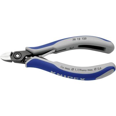 Blå og grå sidevicetang, egnet til ledninger med en maksimal diameter på 1,7 mm, Knipex-mærket er tydeligt.