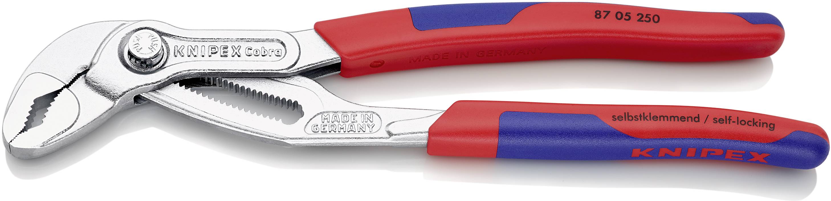 Rød og blå vandpumpehovednøgle med påskriften 'Knipex'. Egnet til at holde og gribe rør eller møtrikker.