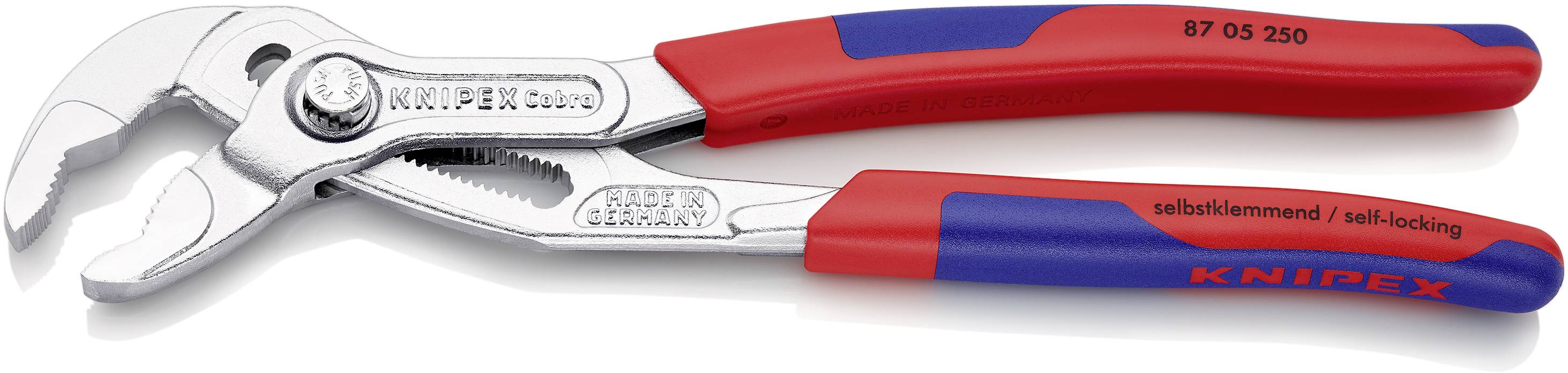 En rød og blå vandpumpetang fra mærket 'Knipex' med påskriften 'selvklemning', egnet til at gribe og dreje.