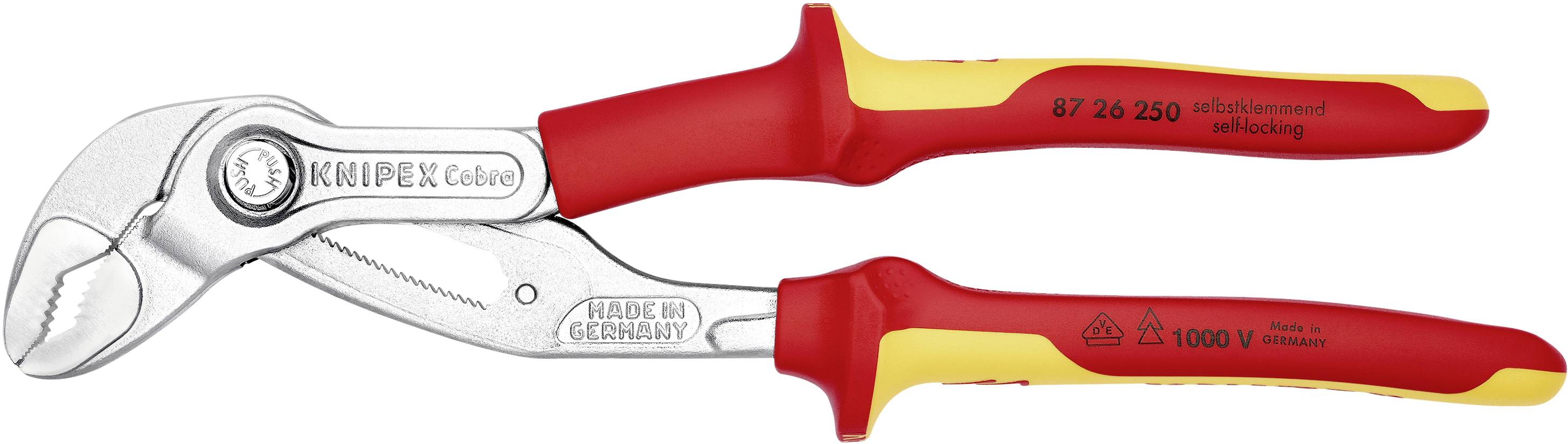 Universaltang med isolerede håndtag, egnet til arbejde op til 1000 V. Varemærkenavn og Made in Germany synligt på tangen.