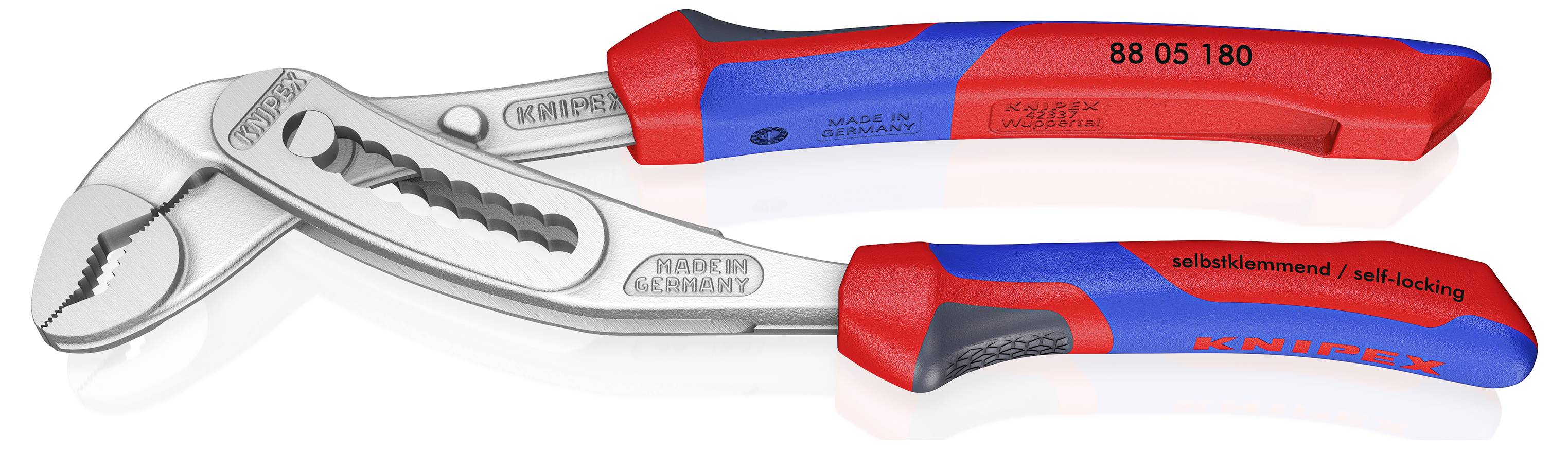 Justerbare tang med kæber og ergonomisk rød og blå håndtag, mærket 'Knipex.' Velegnet til at gribe objekter i forskellige størrelser.