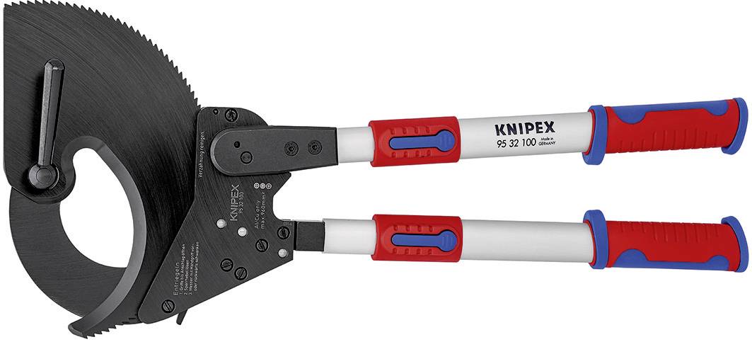 Kabeltang med røde og blå greb, velegnet til at klippe tykke kabler over. Mærkenavnet 'Knipex' synligt på grebene.