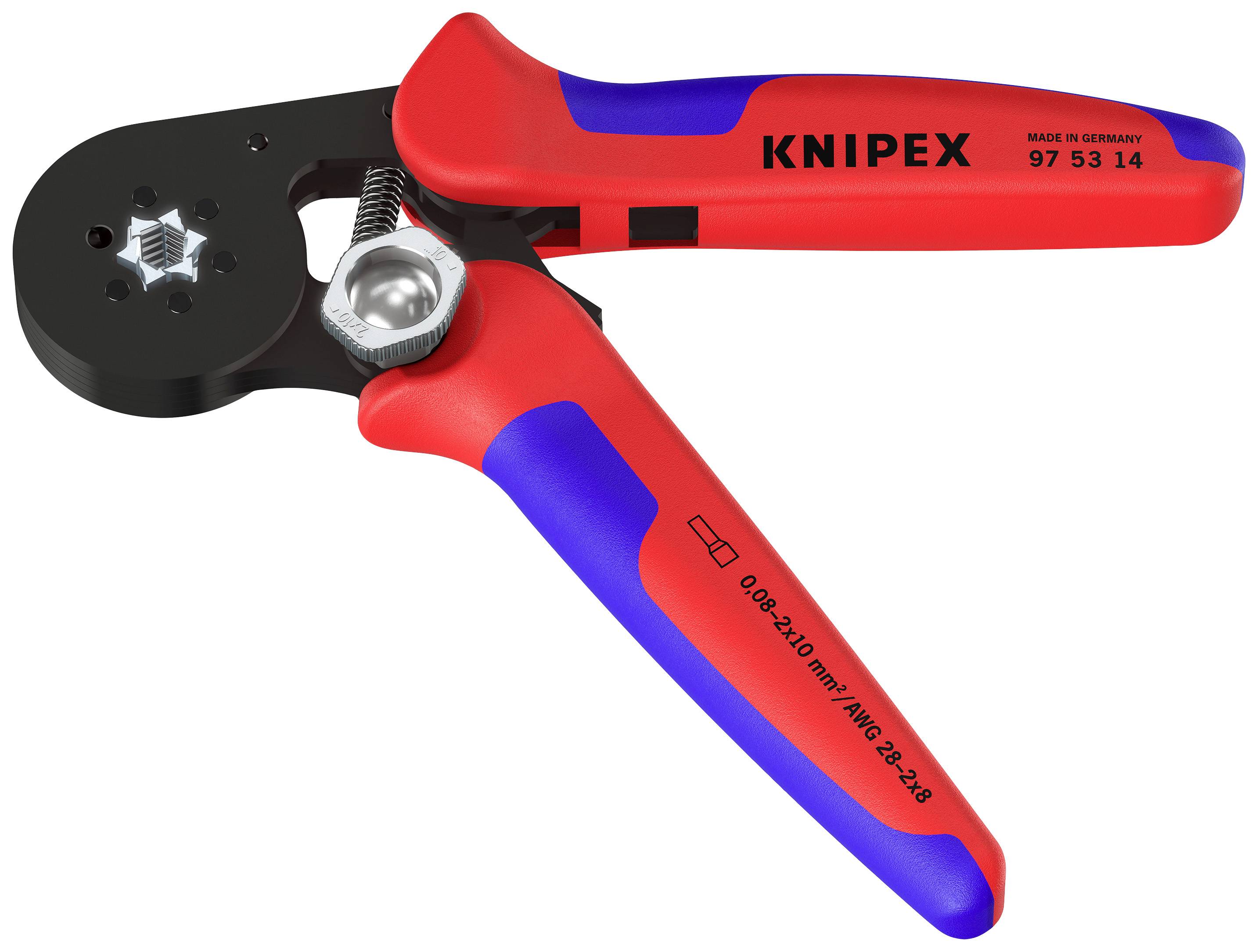 Rød og blå crimptang fra Knipex, model 97 53 14, fremstillet i Tyskland.