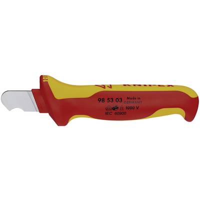 Isoleret kabelkniv med rød og gul håndtag, mærket '98 53 03 Made in Germany', egnet til spændinger op til 1000 V.