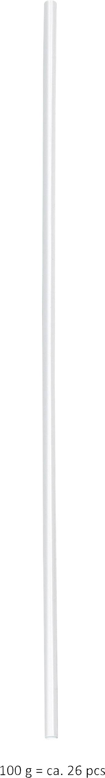 En lang, tynd, gennemsigtig plastiksugerør med en glat overflade. På billedet er forholdet 100 g = ca. 26 stk. angivet.