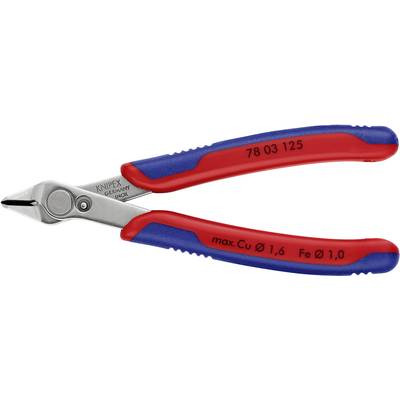 Tang med røde og blå håndtag; på bladet står der 'Knipex Germany'. Egnet til trådklipning op til maks. Cu Ø 1,6 mm, Fe Ø 1,0 mm.