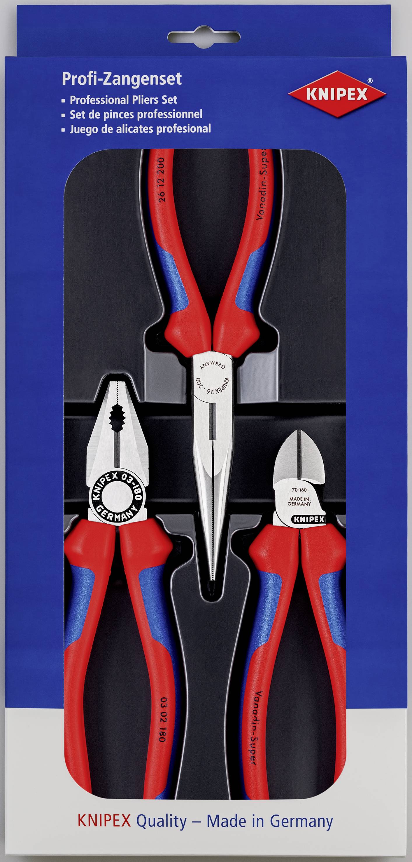 'Tre tænger i én emballage: Kombinationstang, spidstang og sideskærer. Tekst: Professionelt tangesæt, Knipex Quality – Made in Germany.'