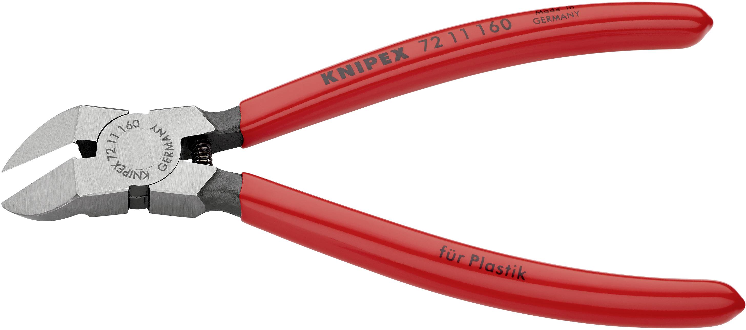 Rød afisoleringstang med tryk 'Knipex' og 'til plast' på håndtaget, egnet til skæring af kunststof.