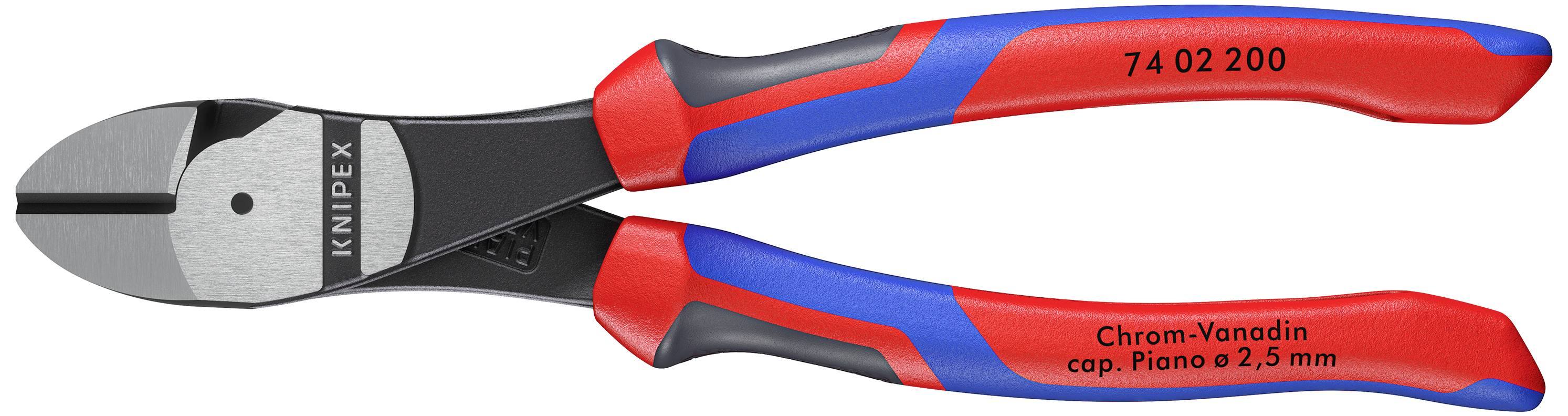 Illustreret er en kabeltang med røde og blå greb og en påskrift, der angiver krom-vanadium-materiale.